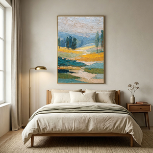 Thick Impasto Textured Landscape Wall Art – Warm Yellow Fields, Serene Blue Mountains & Water, Lush Green Trees, Soft Beige Sky – Elevate Modern Home Décor, Perfect for Living Room, Bedroom, Office, Dining Room, Hallway Ambiance