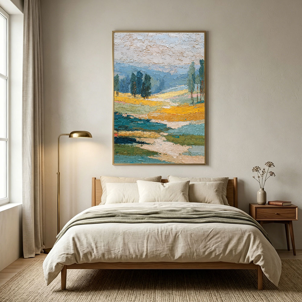Thick Impasto Textured Landscape Wall Art – Warm Yellow Fields, Serene Blue Mountains & Water, Lush Green Trees, Soft Beige Sky – Elevate Modern Home Décor, Perfect for Living Room, Bedroom, Office, Dining Room, Hallway Ambiance