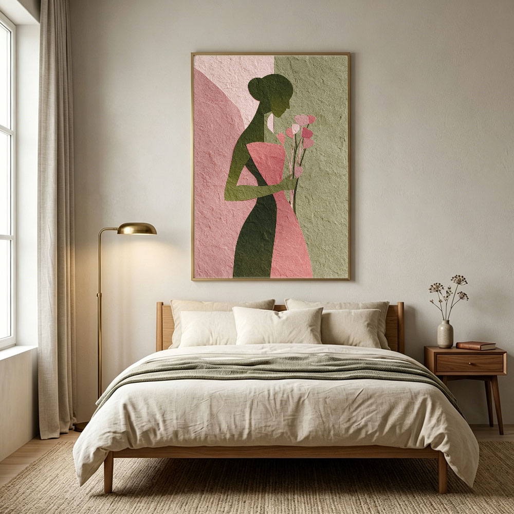 Abstract Minimalist Female Portrait Silhouette with Soft Pink Muted Green Tones, Holding Delicate Heart-Shaped Flower Stems Textured Canvas Print Wall Decor for Modern Home Office Styling