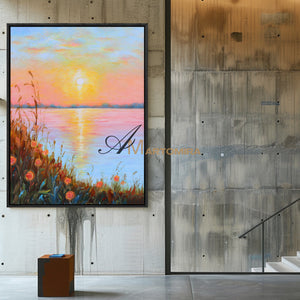 Landschaftsbild für die Wand | Seebild auf Leinwand | Sonnenuntergangsgemälde | Landschaftsgemälde auf Leinwand (Öl) #DF015