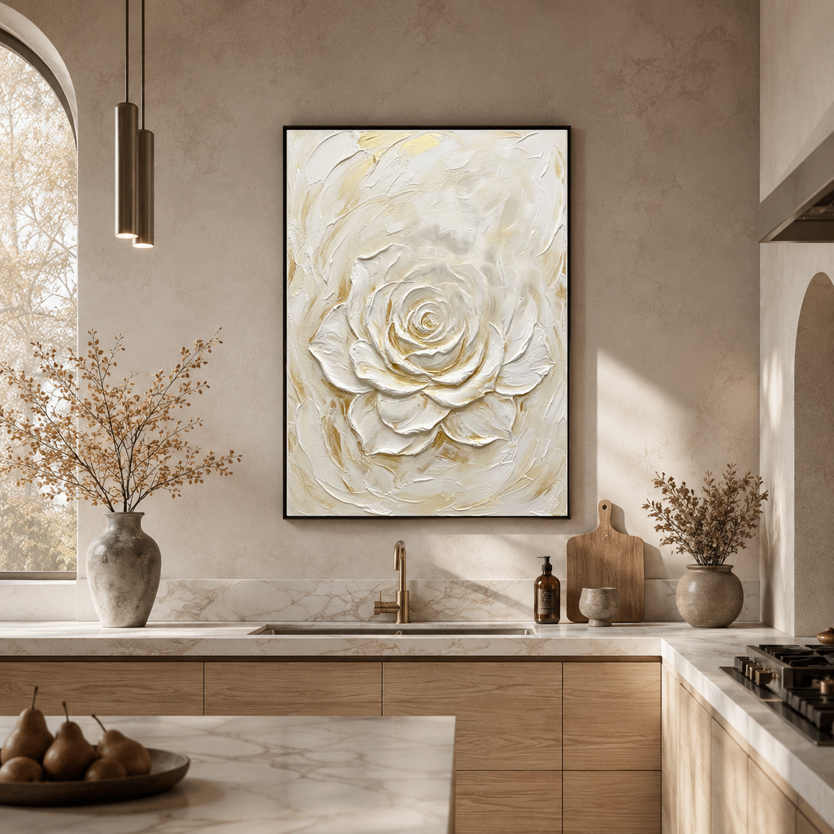 White and Gold Textured Rose Vertical Wall Art for Bedroom or Living Room