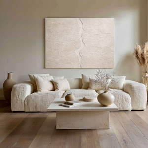 Minimalist Neutral Beige Abstract Textured Wall Art Handcrafted Plaster-Like Trowel Marks Asymmetrical Fissure Modern Wabi-Sabi-Inspired Canvas Decor for Living Room Bedroom Dining Room Hallway Office Soft Earthy Tones Calming Artwork