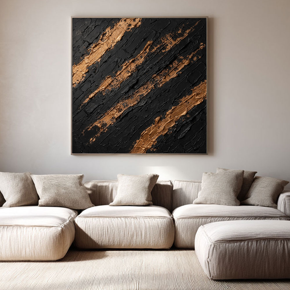 Black and Gold Abstract Impasto Textured Wall Art, Luxury Thick Paint Stacking Knife Marks Diagonal Lines Artwork, Modern Minimalist Canvas Decor for Office Hallway Dining Room Bedroom Living Room