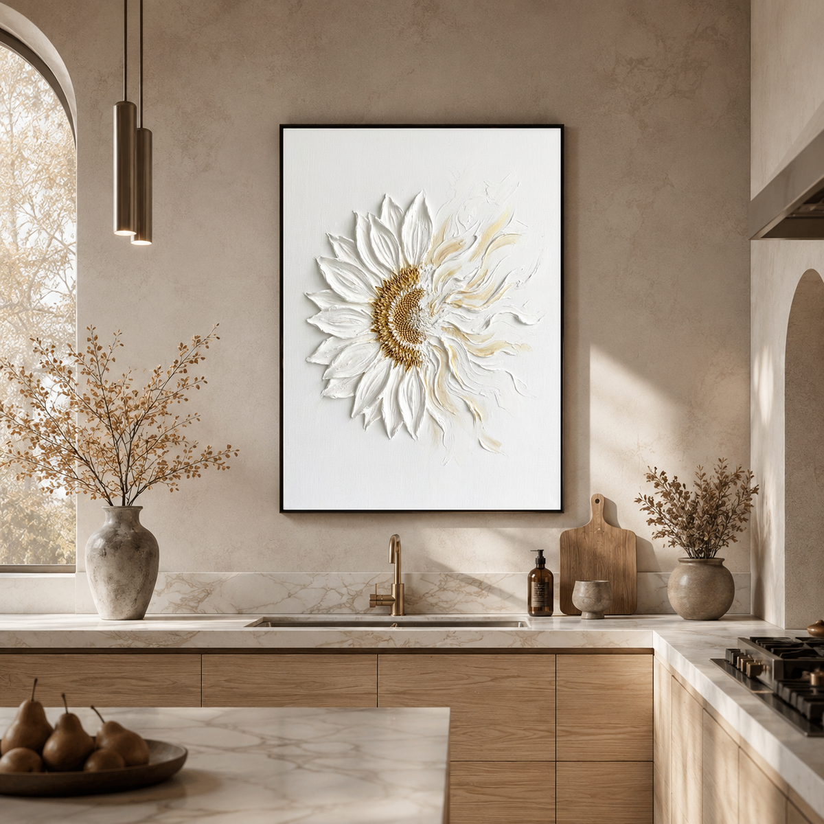 White and Gold Textured 3D Relief Flower Vertical Wall Art for Living Room or Bedroom