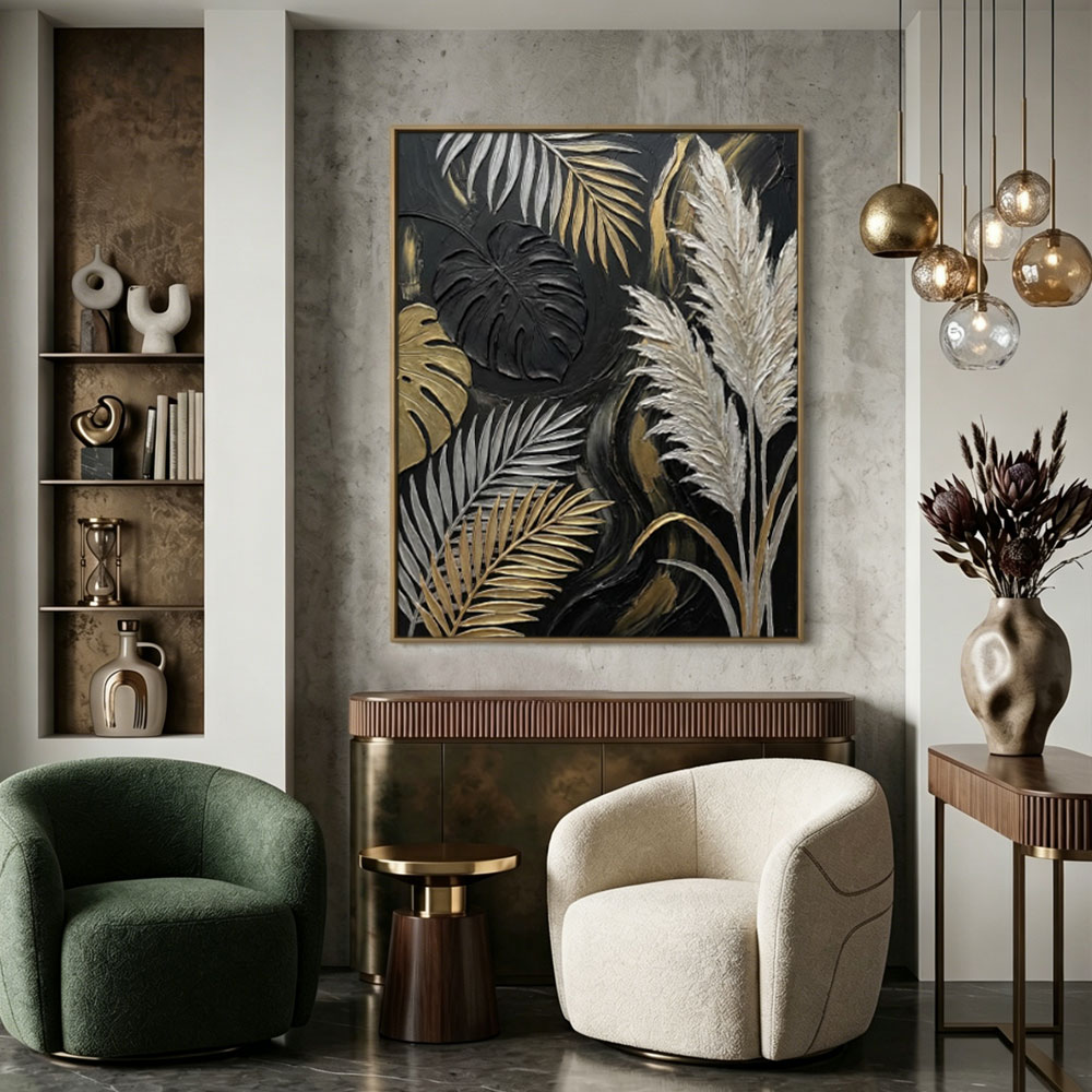 Black Gold White Beige Monstera Palm Pampas Grass Textured 3D Botanical Wall Art for Modern Luxury Home Living Room Bedroom Dining Room Office Hallway Decor