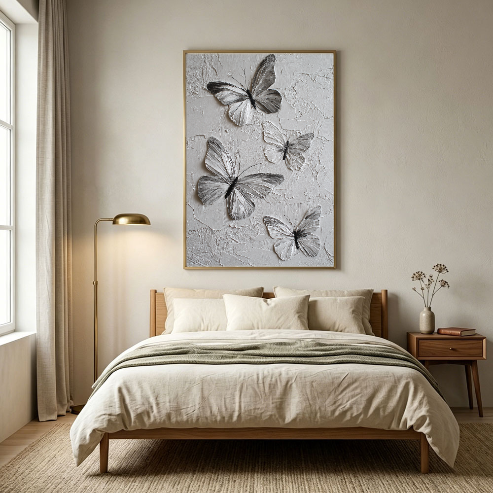 Sophisticated Black and White Textured Butterfly Wall Art, Thick Impasto Relief Minimalist Nature-Inspired Animal Decor for Living Room, Bedroom, Office, Dining Room, and Hallway – Modern Monochrome Canvas Accent Piece