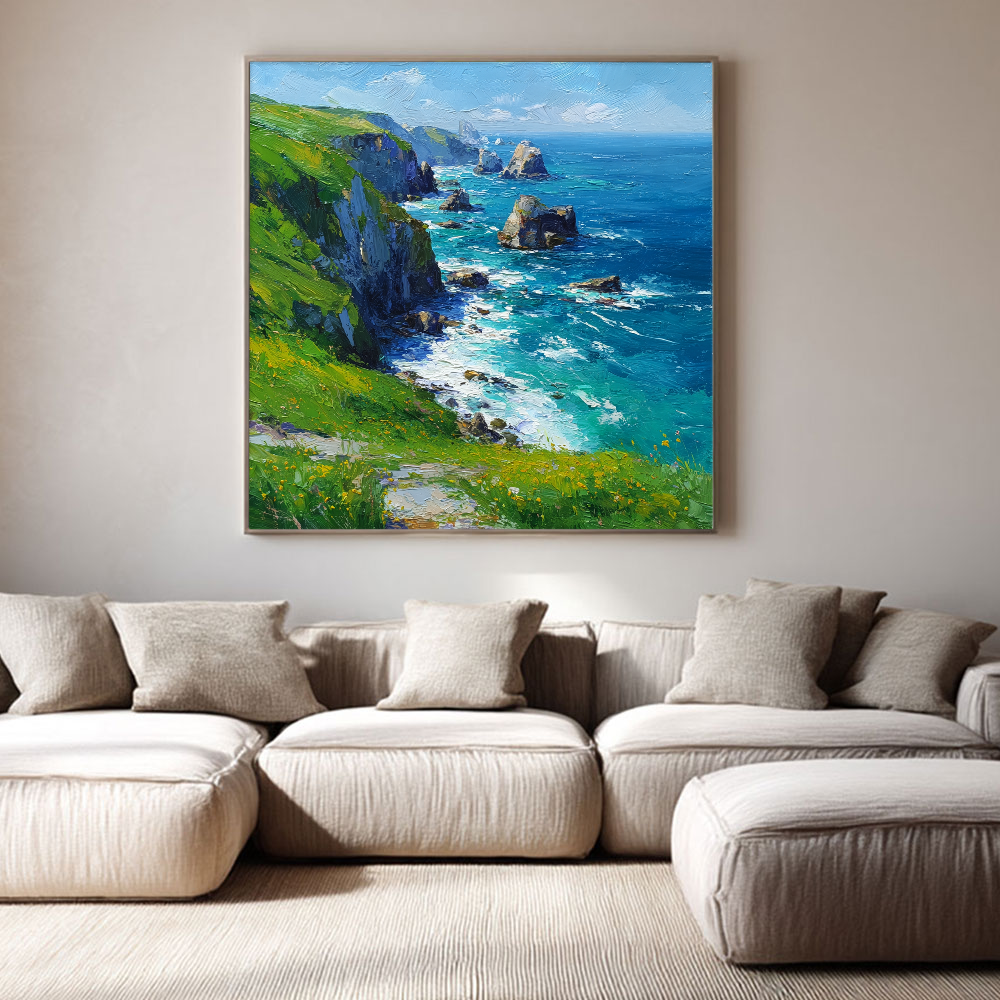 Vibrant Coastal Landscape Impasto Wall Art - Turquoise Deep Blue Ocean Lush Green Cliffs Wildflowers Rugged Rocks Bright Sky Textured Oil Painting Style Artwork for Home Decor