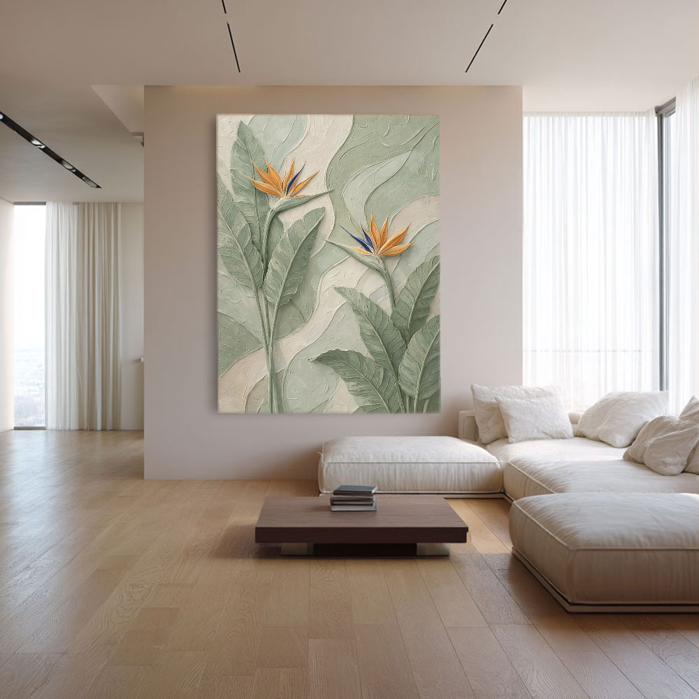3D Bird of Paradise Flower Textured Plaster Wall Art, Tropical Green and Orange Relief Painting, Modern Nature Inspired Wall Decor for Living Room Bedroom Office Dining Hallway, Muted Neutral Base with Bold Tropical Accents