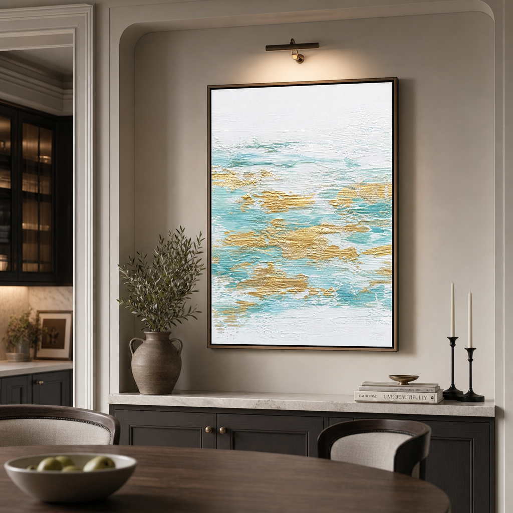 Abstract Turquoise White Gold Textured Contemporary Vertical Wall Art for Living Room