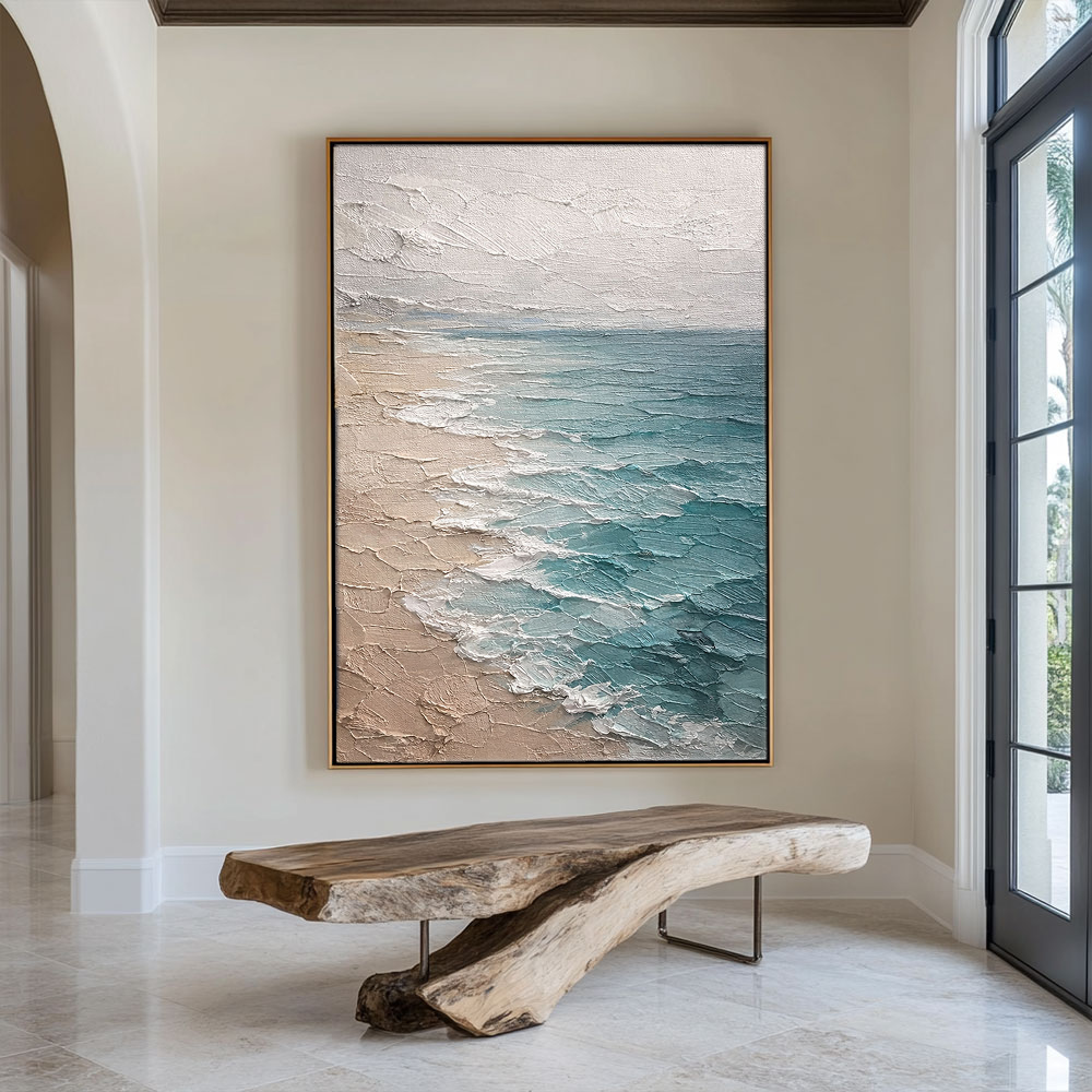 Textured Impasto Coastal Beach Scene Wall Art, Blue Ocean White Waves Beige Sand Light Grey Sky Framed Canvas Artwork, Minimalist Nature Inspired Decor for Living Room Bedroom Office Hallway Dining Room