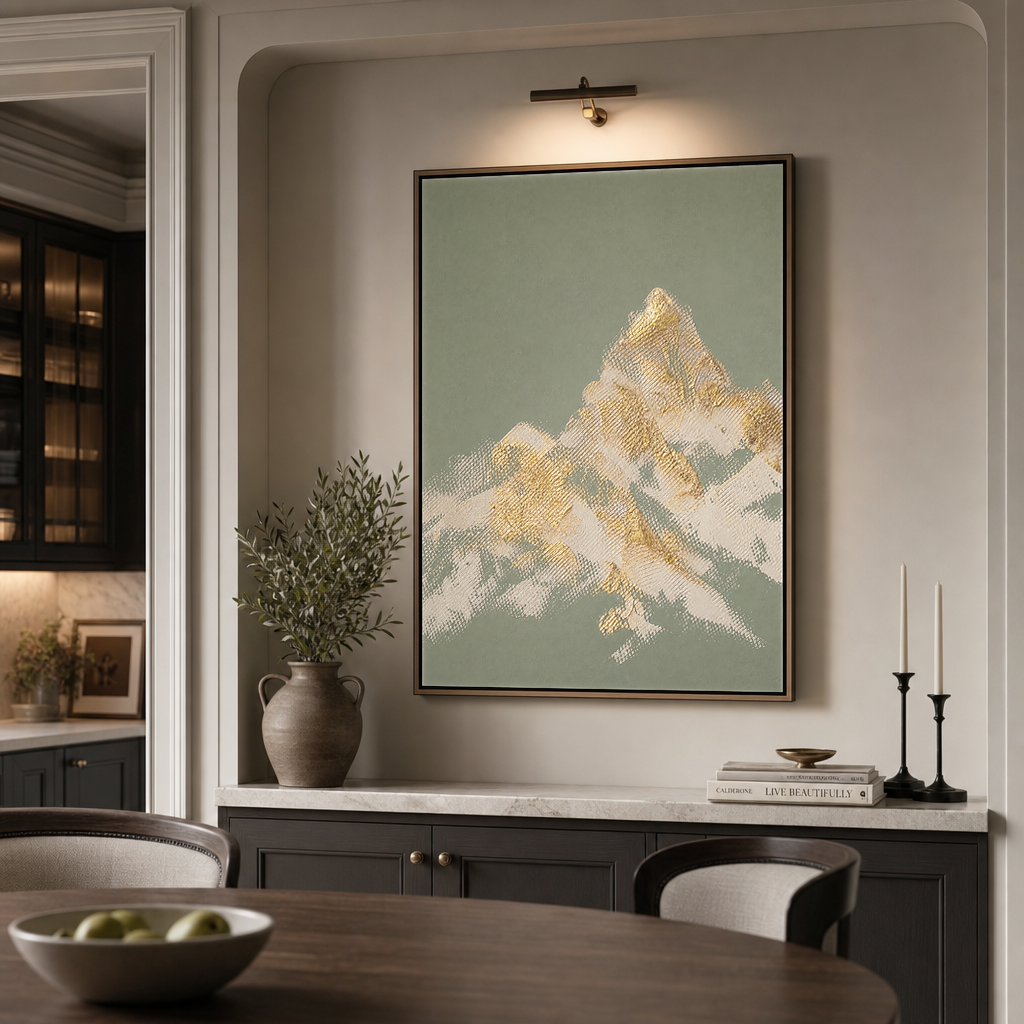 Abstract Textured Sage Green Gold Beige Landscape Vertical Wall Art for Living Room