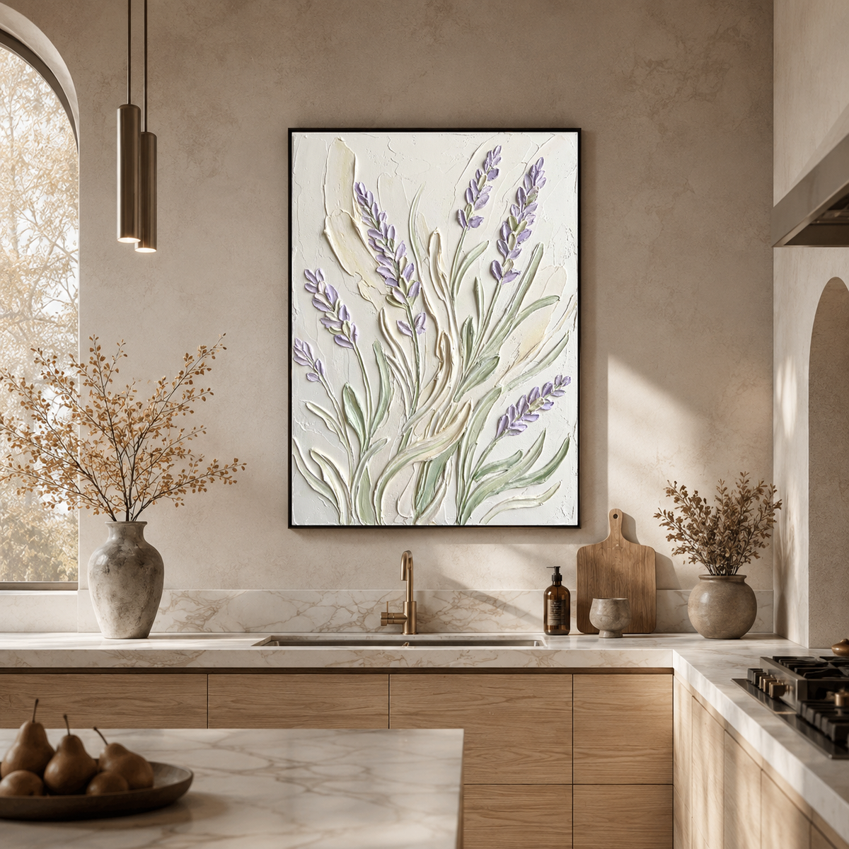 Textured Flower and Tree Soft Purple Cream Muted Green Acrylic-Style Vertical Wall Art for Bedroom