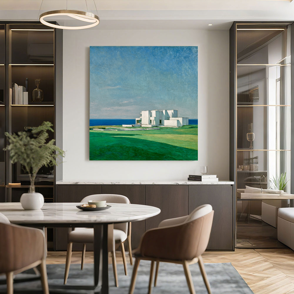 Coastal Minimalist White Villa Landscape Wall Art Blue Ocean Green Lawn Canvas Decor for Modern Home Living Room Bedroom Office