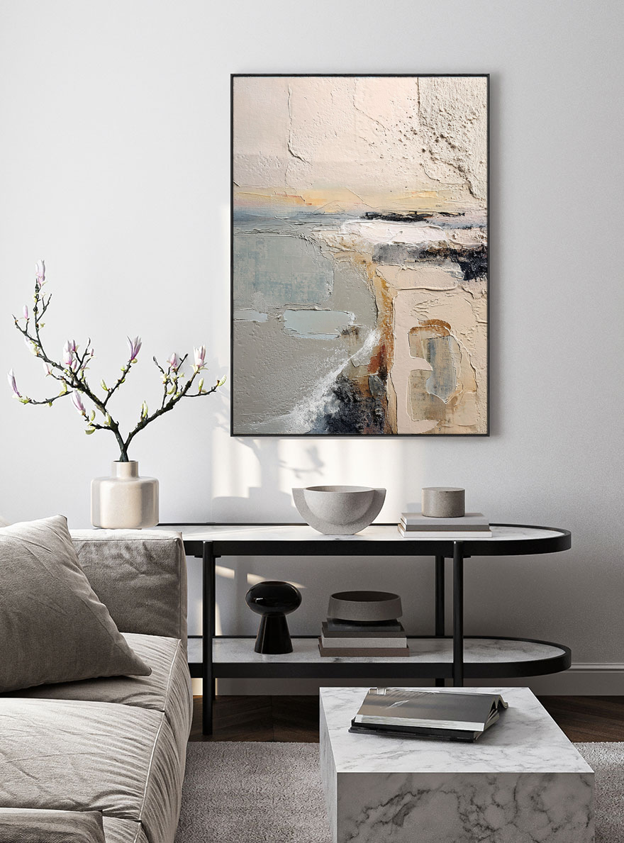 Abstract Neutral Landscape Textured Wall Art - Thick Knife Brush Stroke Minimalist Coastal Scene for Living Room Office Bedroom Dining Room Hallway