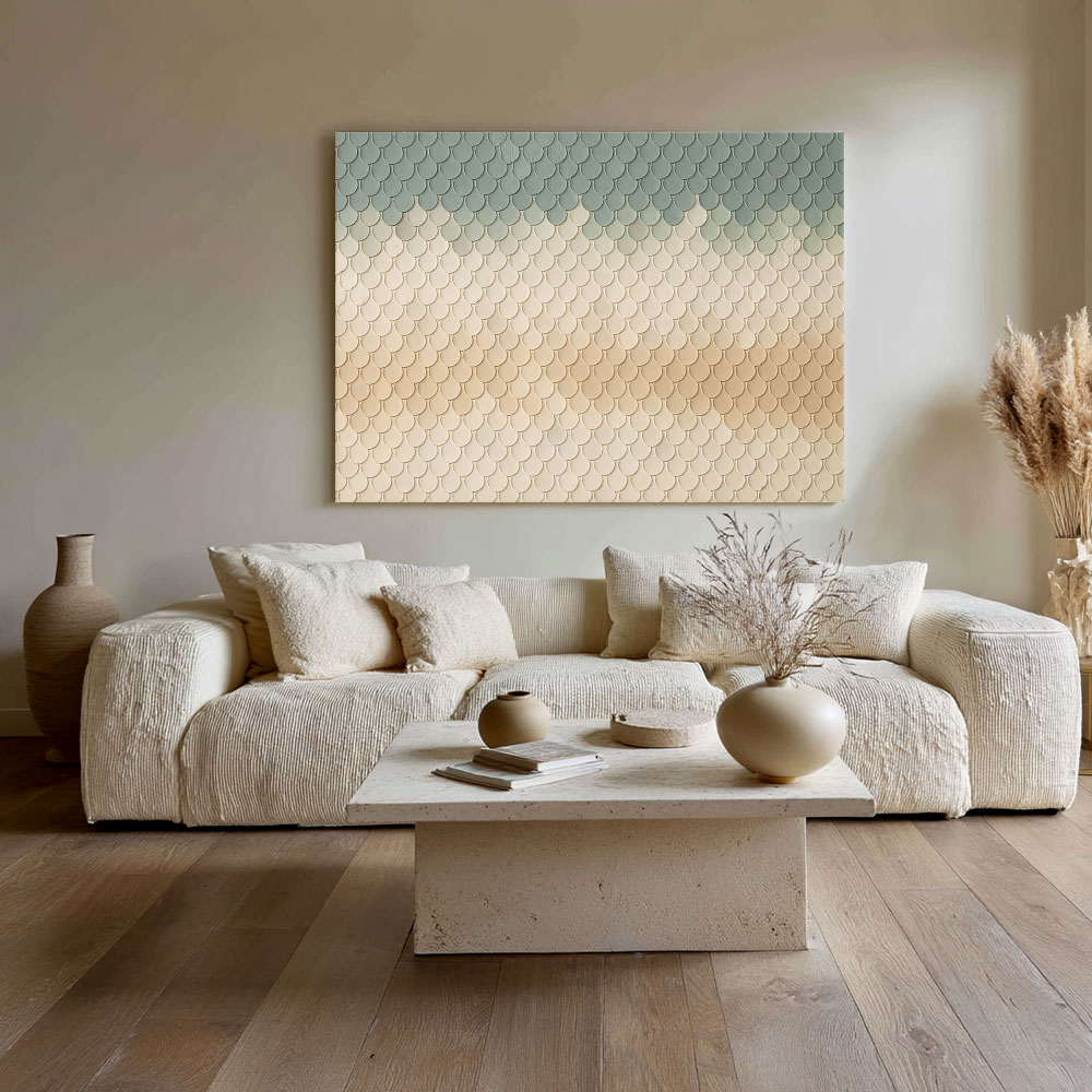 Sage Green and Beige Scallop Pattern Canvas Art - Hand-Painted 3D Relief