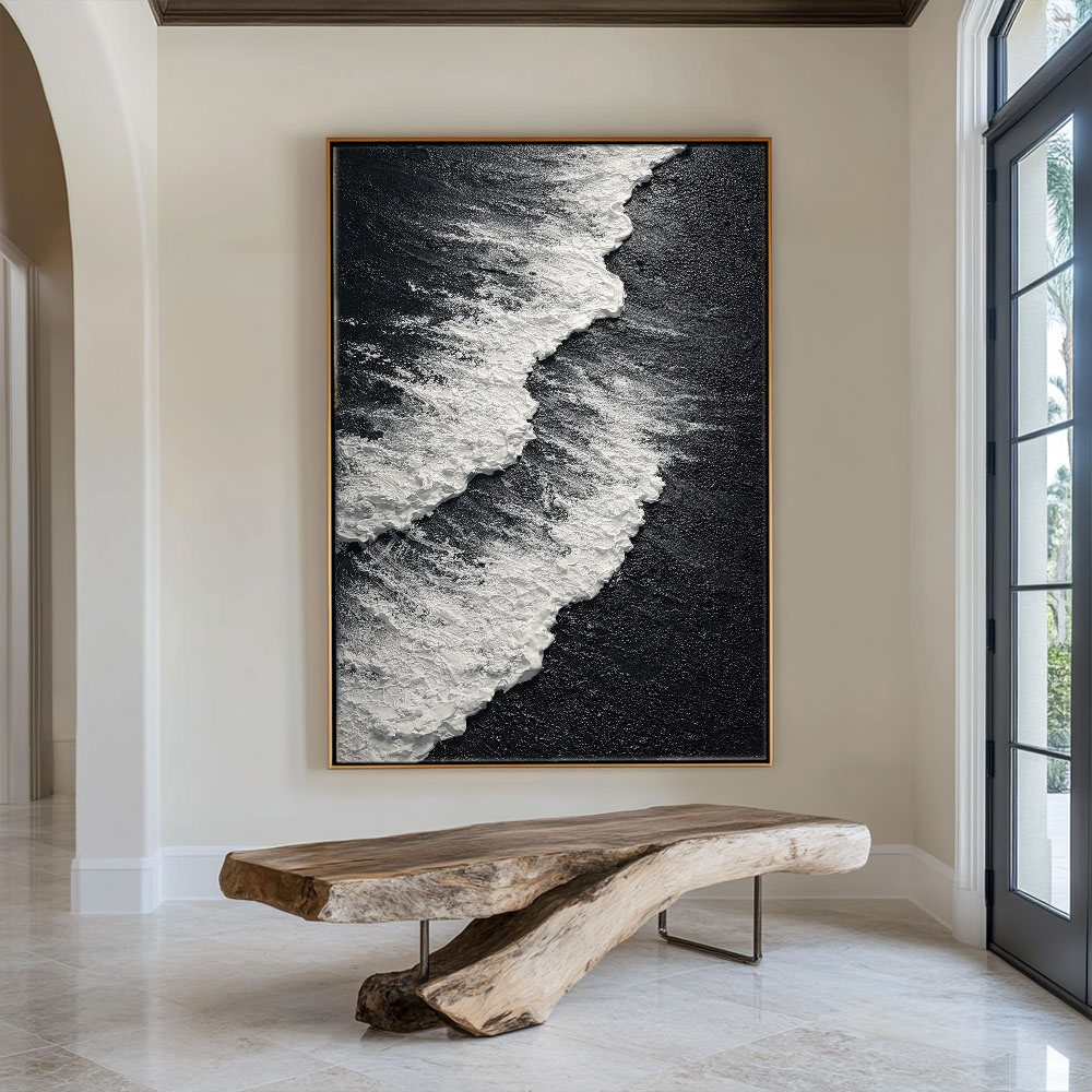 Black and White Textured Abstract Ocean Wave Coastal Minimalist Thick Paint Impasto Wall Art for Modern Living Room Bedroom Dining Room Office Hallway Decor
