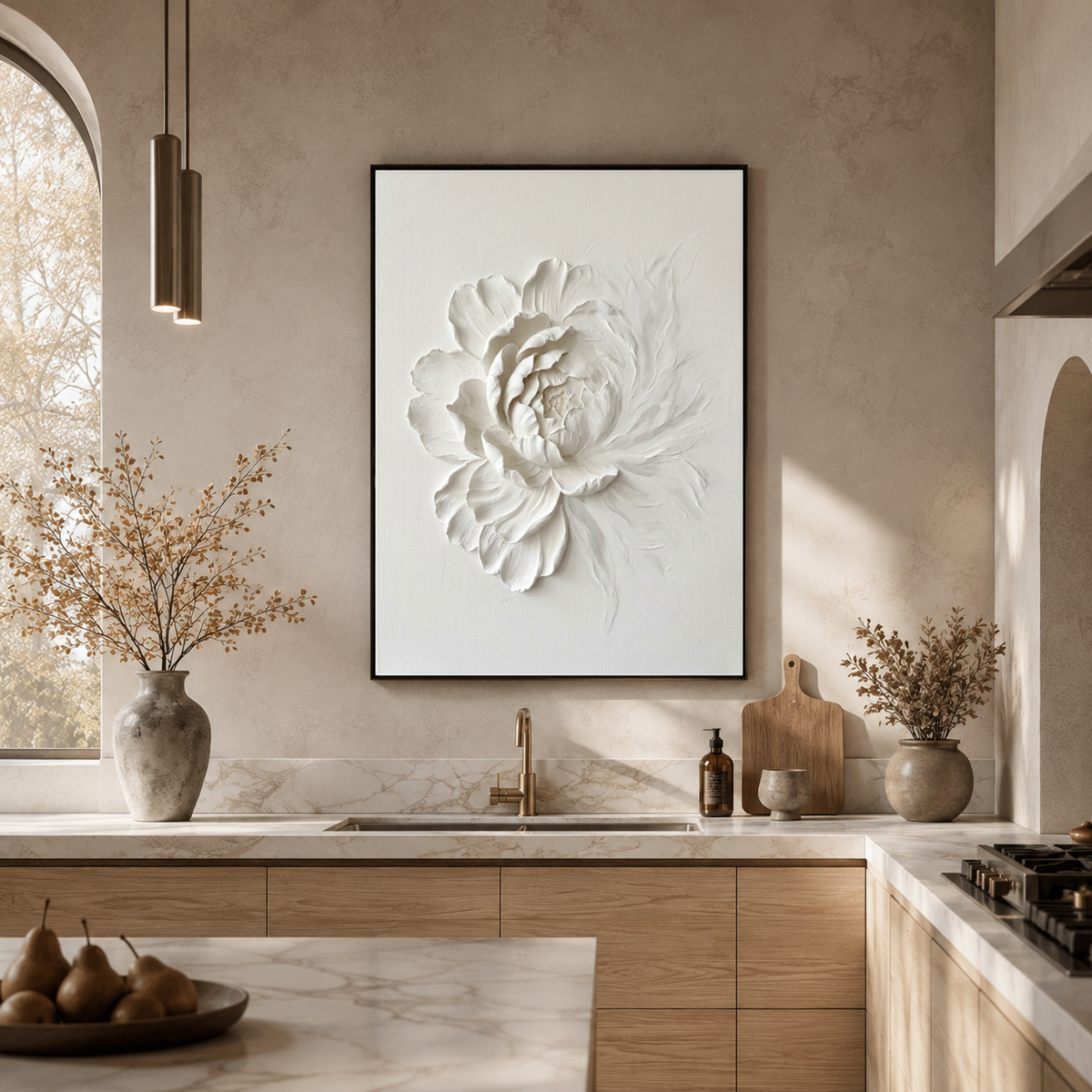 White Flower 3D Relief Textured Vertical Wall Art for Living Room Bedroom