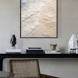 Thick Impasto Ocean and Sky Beach Textured Wall Art, Abstract Coastal Painting with Blue, White, Beige Waves, Calm Modern Framed Seascape Artwork for Living Room Bedroom Office Hallway Dining Room
