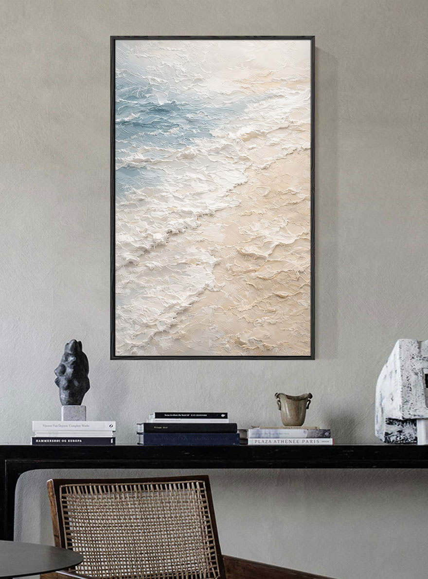 Thick Impasto Ocean and Sky Beach Textured Wall Art, Abstract Coastal Painting with Blue, White, Beige Waves, Calm Modern Framed Seascape Artwork for Living Room Bedroom Office Hallway Dining Room