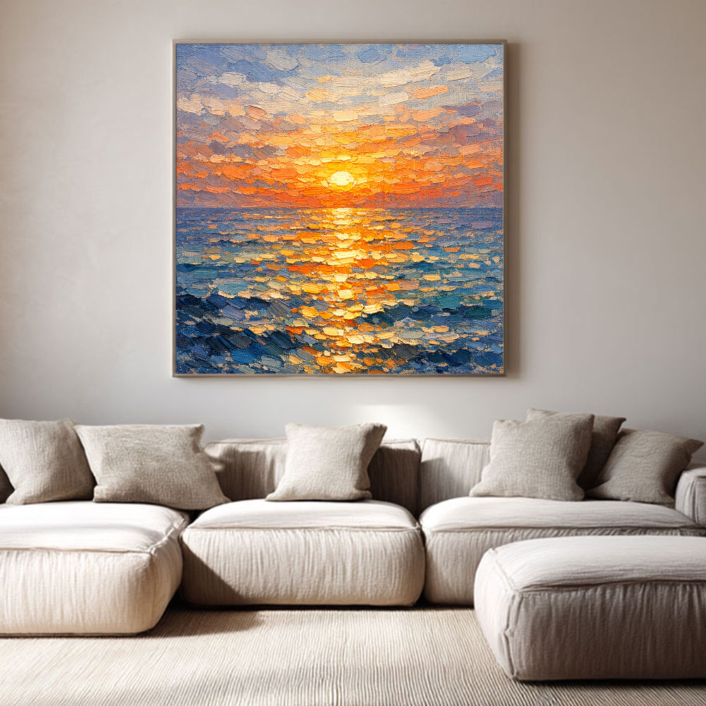Impasto Ocean Sunset Wall Art Thick Knife Paint Textured Blue Orange Yellow Coastal Nature Artwork Sunset Reflection Sea Wave Vibrant Framed Canvas Painting for Living Room Bedroom Dining Room Office Hallway Home Decor