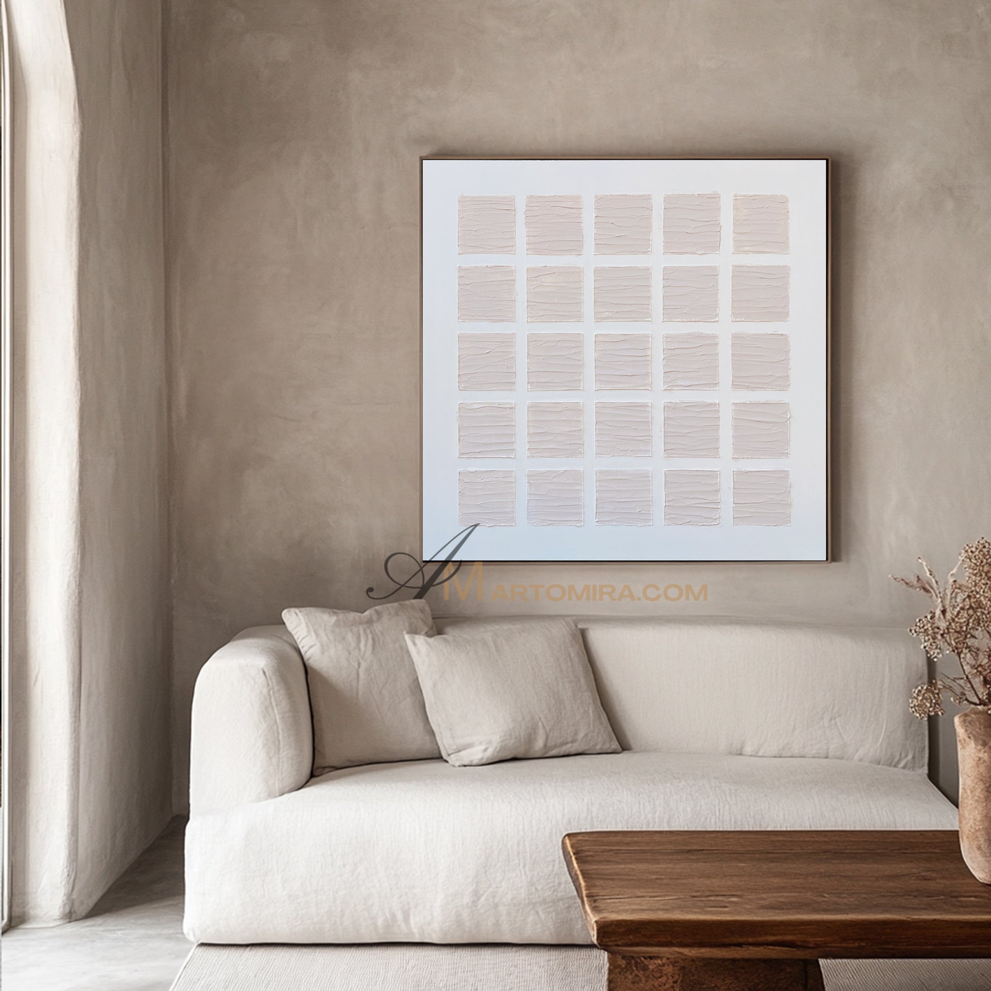 Wabi-Sabi Minimalist Light Beige Textured Grid Painting | Modern Geometric Square Canvas | Soft Abstract Wall Art | Minimal Home Decor