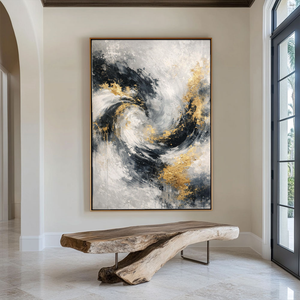 Luxury Black White Gold & Light Grey Abstract Textured Wall Art - Modern Swirling Metallic Impasto Canvas Artwork with Bold Knife/Brush Marks for Contemporary Home Decor, Office, Living Room, Bedroom, Dining Room & Hallway