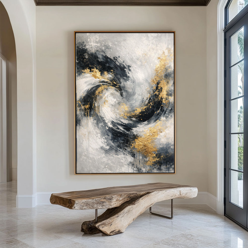 Luxury Black White Gold & Light Grey Abstract Textured Wall Art - Modern Swirling Metallic Impasto Canvas Artwork with Bold Knife/Brush Marks for Contemporary Home Decor, Office, Living Room, Bedroom, Dining Room & Hallway
