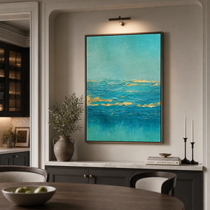 Teal Turquoise Gold Abstract Textured Acrylic Style Vertical Wall Art for Living Room