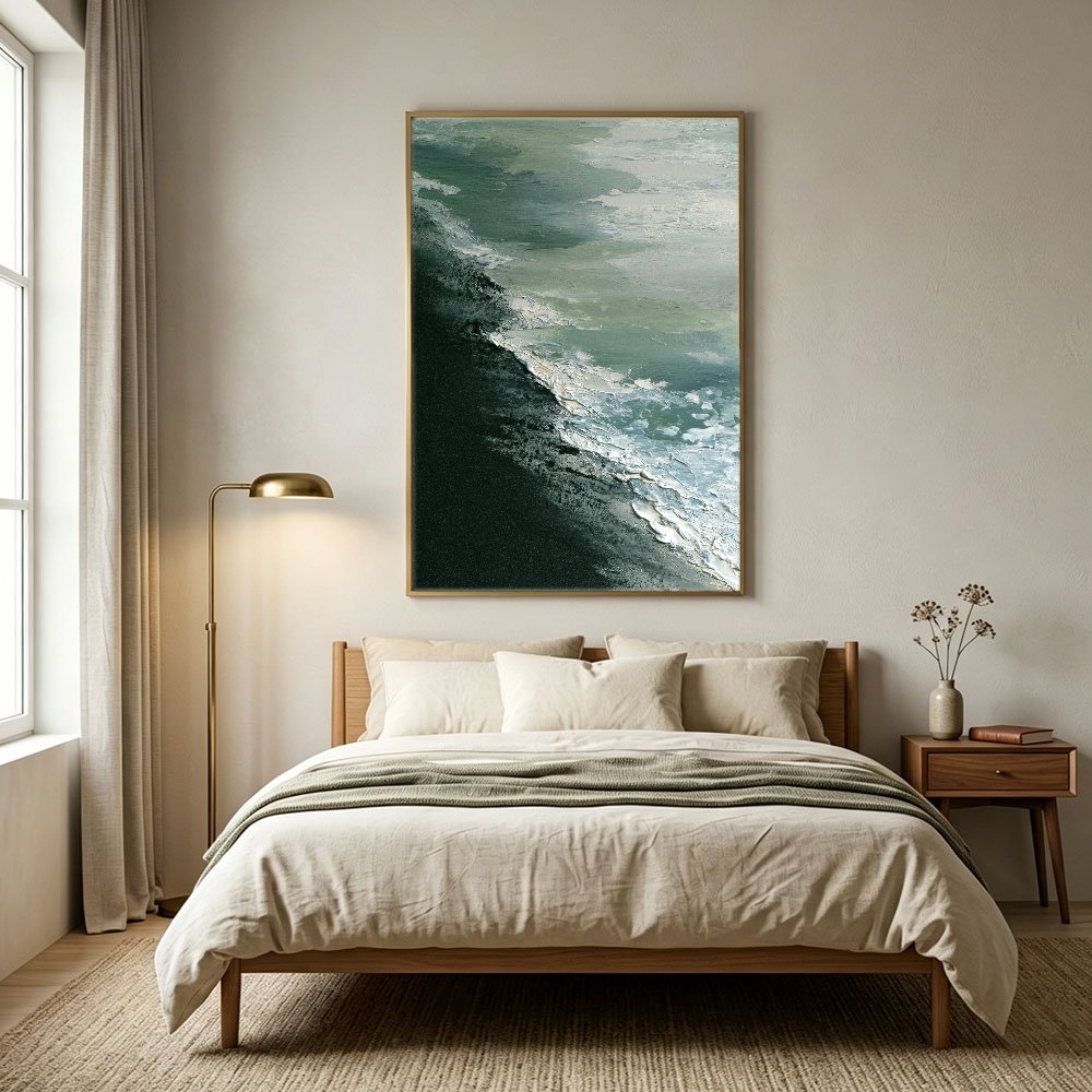 Abstract Coastal Ocean Wave Black Sand Beach Thick Impasto Textured Canvas Wall Art Modern Minimalist Decor for Living Room Bedroom Office Hallway Dining Room
