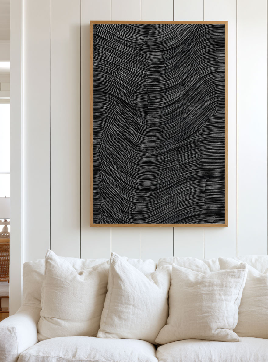 Modern Minimalist Dark Grey Black Abstract Textured 3D Relief Wave Line Wall Art for Office Hallway Living Room Bedroom Dining Room
