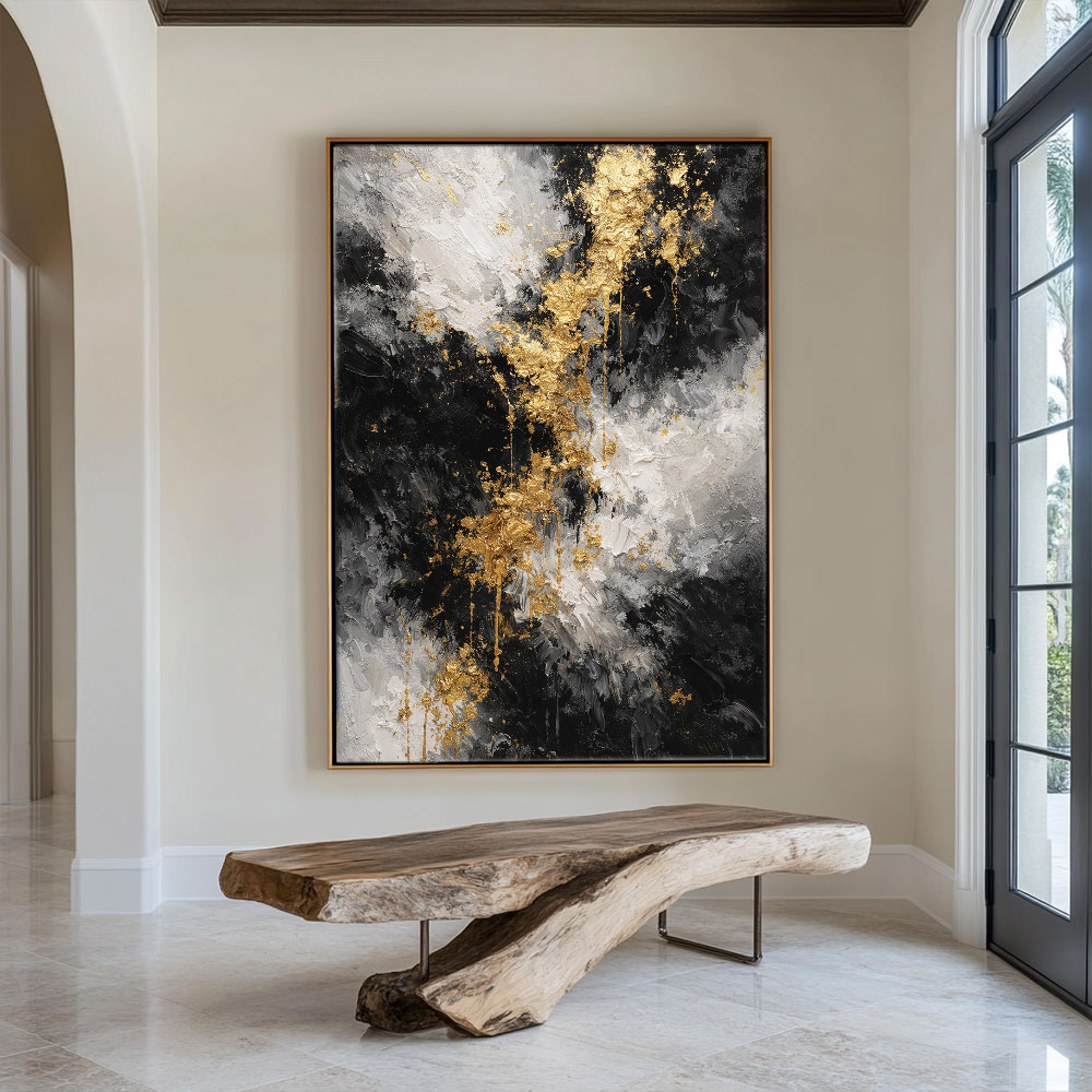 Black White Gold Abstract Thick Textured Impasto Canvas Wall Art, Modern Luxury Vertical Framed Artwork for Contemporary Home Decor, Living Room Bedroom Dining Hallway Office Accent