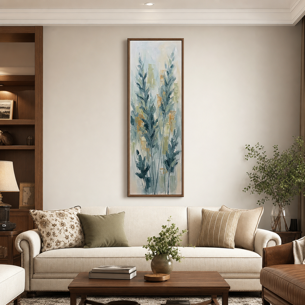 Narrow Vertical Framed Teal Blue Wheat Stalks Impasto Textured Wall Art with Beige White Gold Background for Modern Farmhouse Coastal Minimalist Living Spaces Hallway Bedroom Dining Room Office