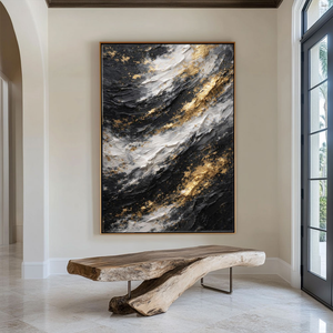 Modern Abstract Black White Gold Thick Impasto Textured Wall Art, Luxury Contemporary Dark Light Contrast Canvas Artwork, Minimalist Yet Glam Living Room Bedroom Office Dining Hallway Decor Painting