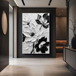 Black and White Textured Floral Wall Art Abstract Thick Paint Impasto Flower Painting Modern 3D Floral Artwork for Living Room Bedroom Dining Room Office Home Decor