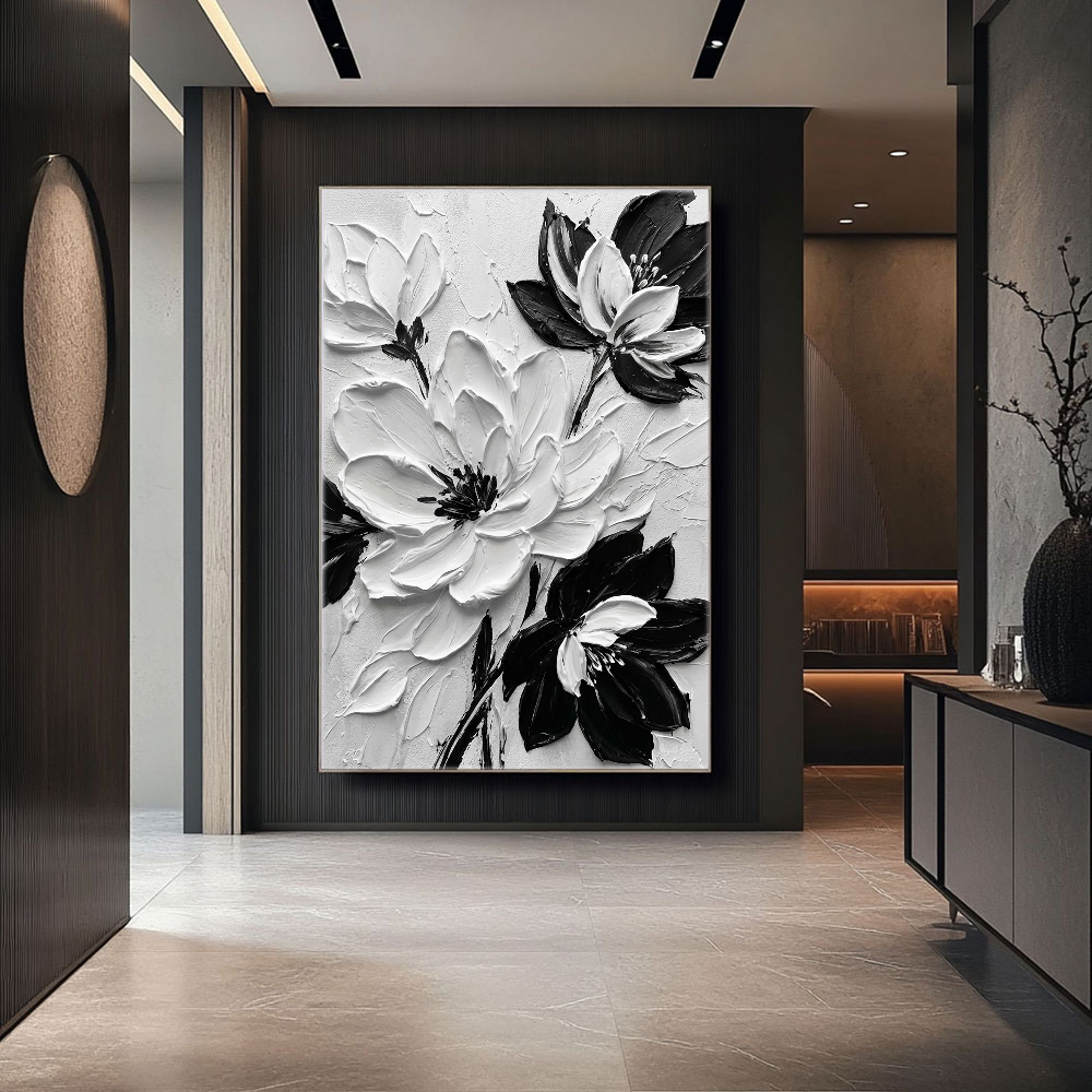 Black and White Textured Floral Wall Art Abstract Thick Paint Impasto Flower Painting Modern 3D Floral Artwork for Living Room Bedroom Dining Room Office Home Decor