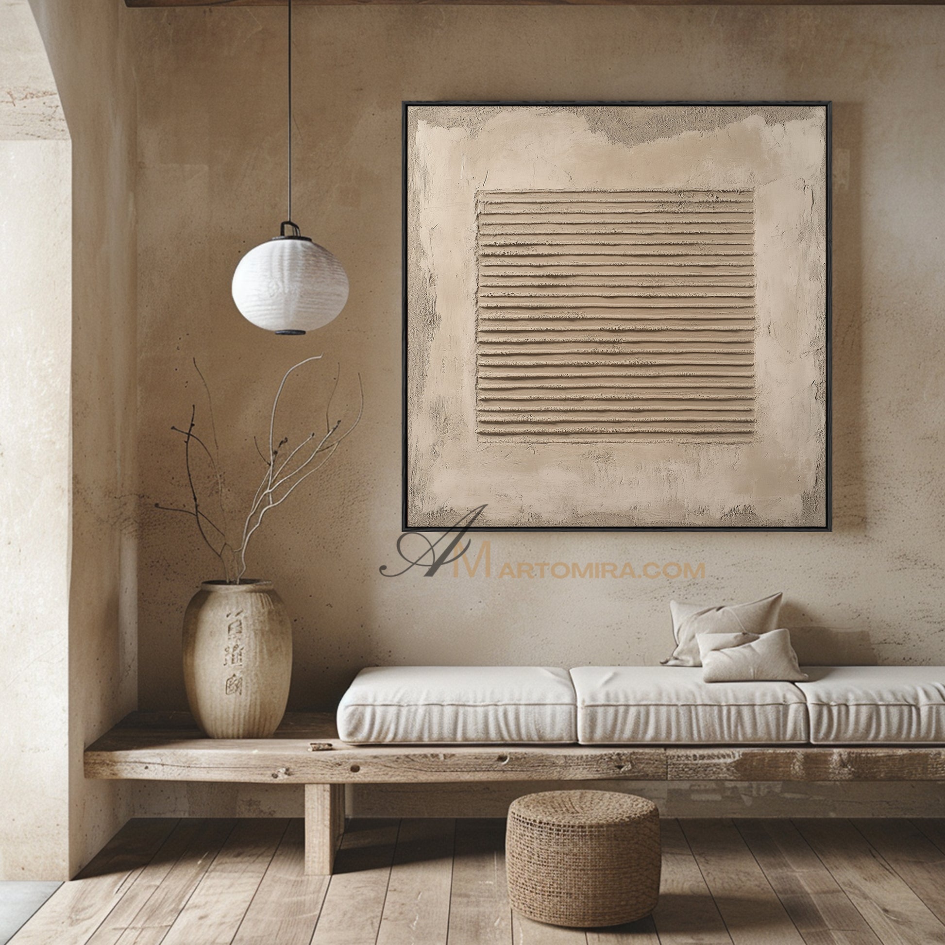 Wabi-Sabi Minimalist Beige Textured Striped Painting | Modern Geometric Line Canvas | Rustic Abstract Wall Art | Minimal Home Decor