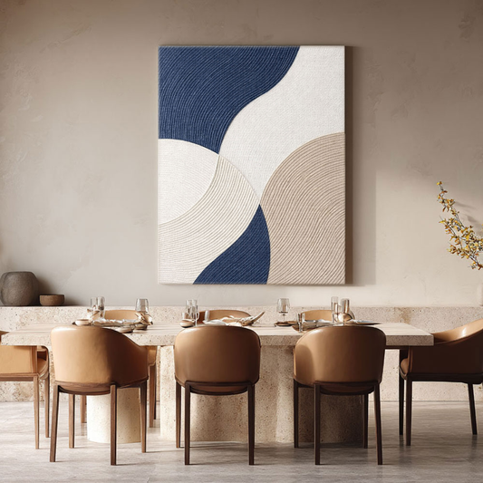 Modern Minimalist Abstract Curved Geometry Wall Art, Navy Blue White Beige Textured Large Canvas Artwork for Living Room Bedroom, Contemporary Soft Neutral Tones Non-Representational Painting for Home Office Decor