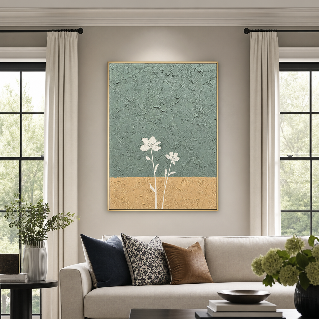 Minimalist Textured Vertical Wall Art Flower And Tree Sage Green Mustard Yellow White Plaster-style Dining Room Living Room