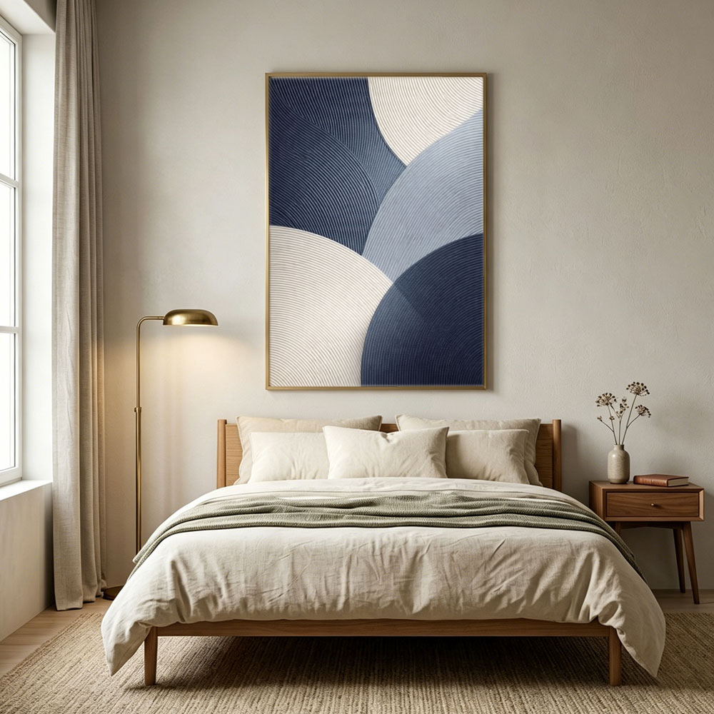 Modern Abstract Blue White Beige Light Grey Curved Geometric Lines Textured Impasto Canvas Wall Art for Minimalist Living Room Office Bedroom Dining Room Hallway Home Decor