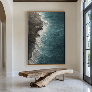 Abstract Textured Ocean Shore Wall Art Blue Brown White Waves Coastal Seaside Thick Knife Brush Impasto Painting for Home Decor Living Room Bedroom Dining Room Office Hallway