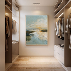 Abstract Textured Ocean and Sky Coastal Sunset Landscape Impasto Framed Canvas Wall Art – Soft Blue Beige Brown Yellow Hues for Contemporary Home Office Decor