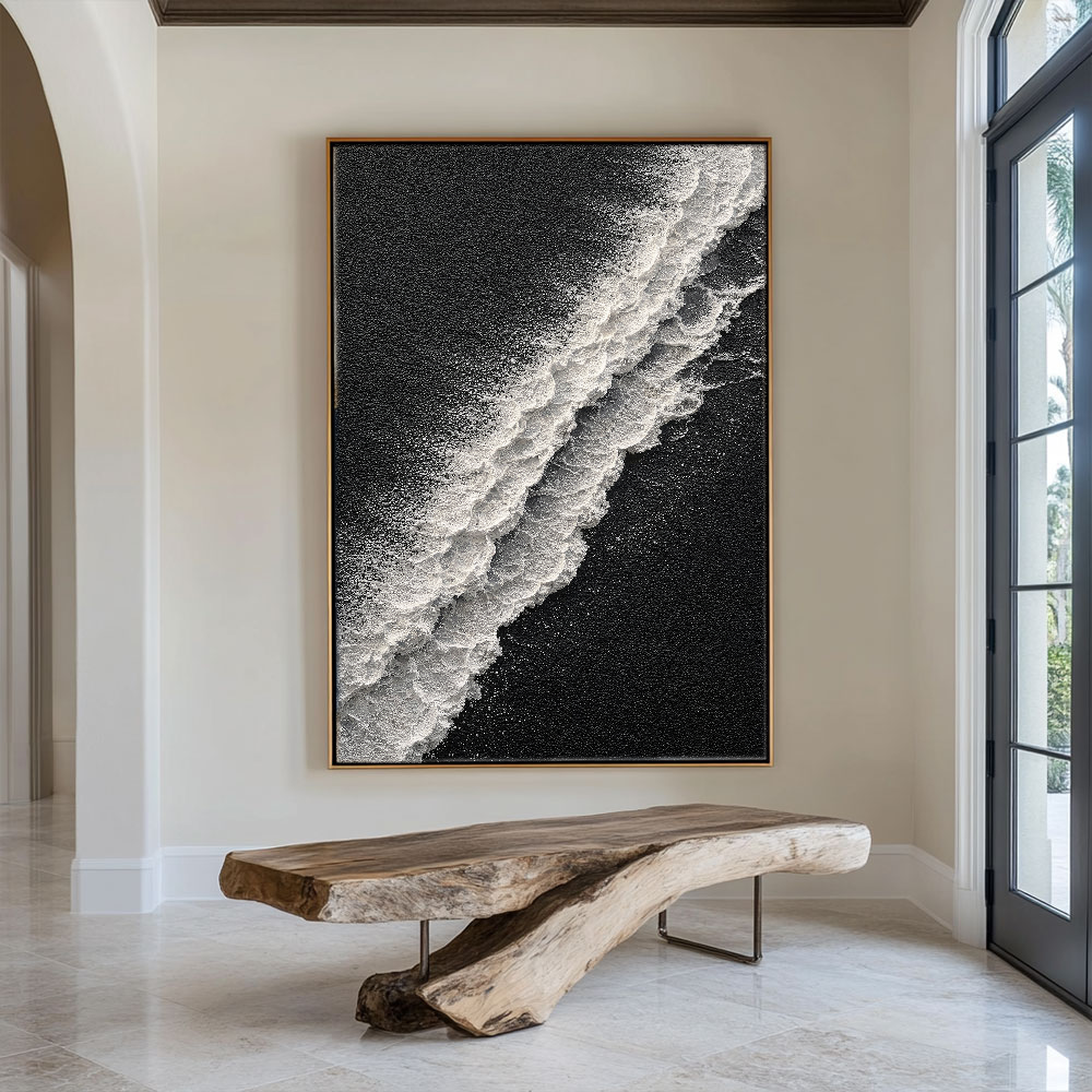 Black and White Abstract Ocean Wave Textured Wall Art, Minimalist Monochrome 3D Wave Texture Canvas Artwork for Modern Home Decor, Framed Coastal Inspired Black White Plaster Wall Art for Living Room Bedroom Office