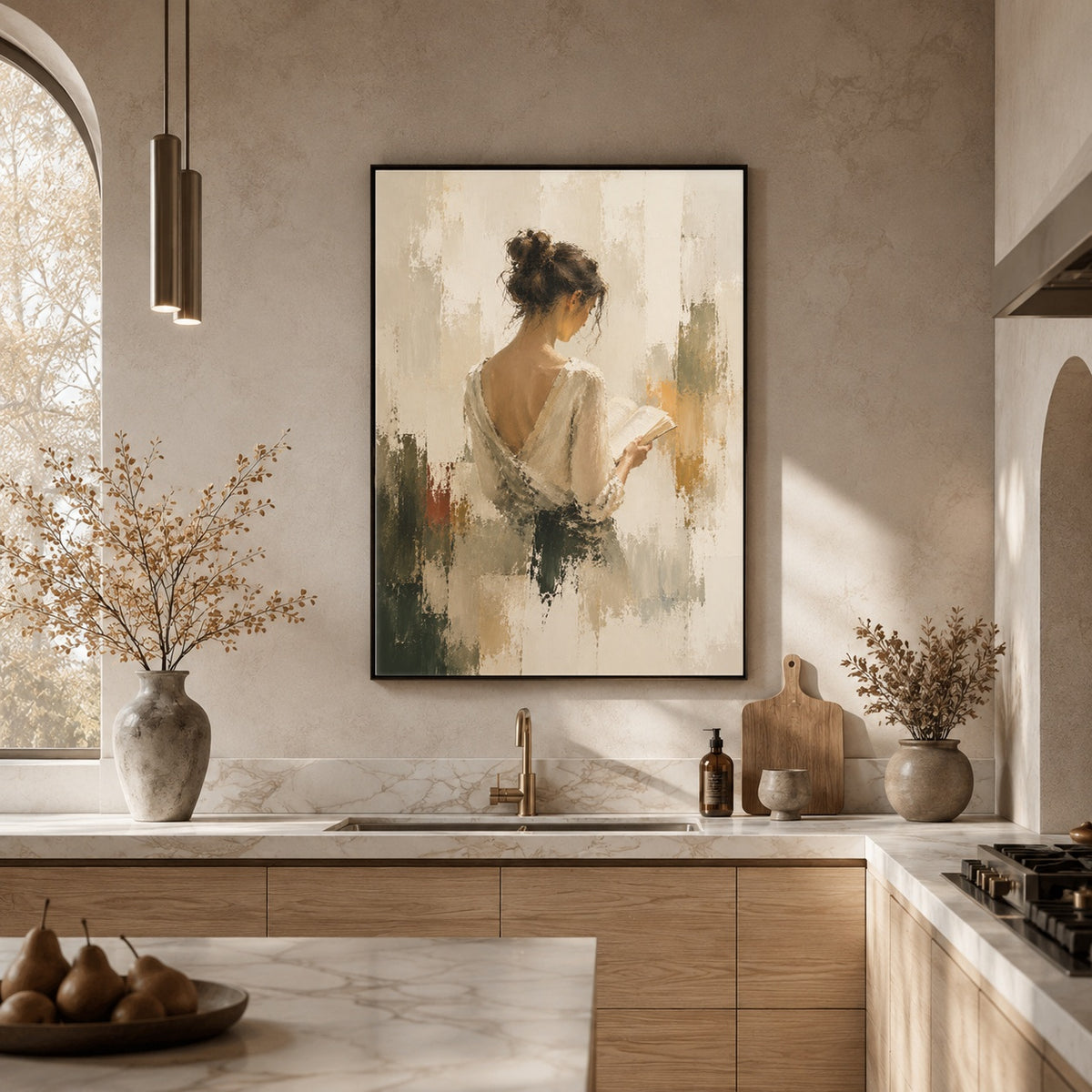 Serene Reader: Abstract Figurative Painting in Warm Tones in a modern kitchen