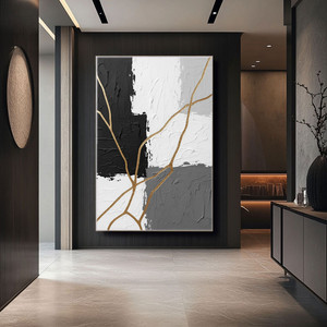 Black White Grey Gold Abstract Textured Impasto Wall Art Bold Contrast Thick Knife Brush Marks Modern Minimalist Painting Contemporary Home Office Living Room Bedroom Hallway Dining Room Decor