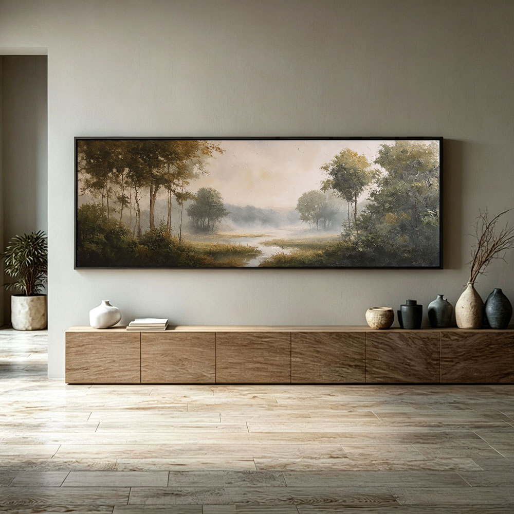 Vintage Misty Forest River Landscape Painting - Hand-Painted Canvas Art