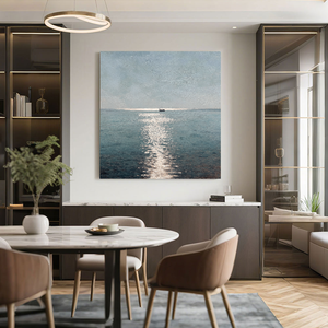 Minimalist Hand-Painted Shimmering Blue Ocean Sailboat Painting in dining room