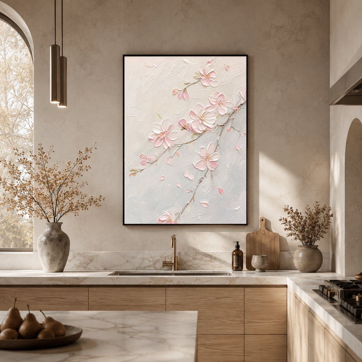Flower and Tree Soft Pink Cream Light Gray Textured Contemporary Acrylic-style 3D Relief Vertical Wall Art for Living Room