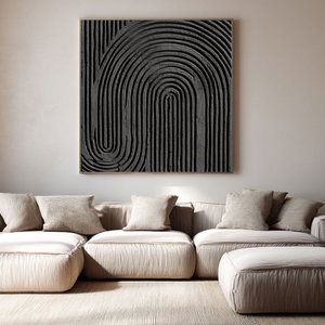 Black and Dark Medium Grey Abstract Textured Geometric Wall Art, Minimalist Modern Curved Lines 3D Relief Artwork for Contemporary Living Room Bedroom Office Dining Hallway, Neutral Tone Non Representational Decor