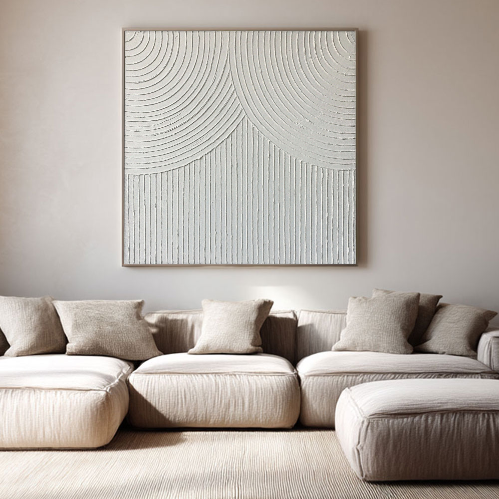 Minimalist White Abstract Geometric Lines Textured Wall Art Framed Square Modern Decor for Neutral Spaces