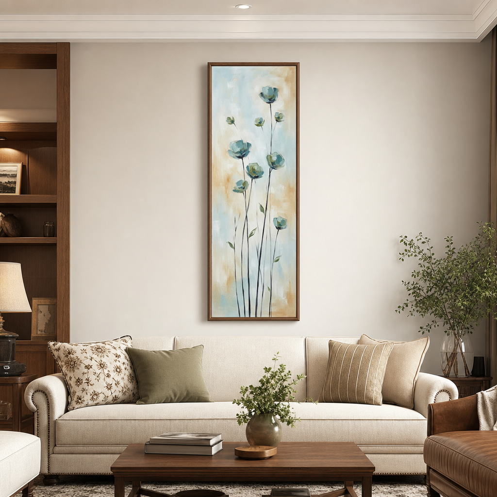 Abstract Floral Canvas Wall Art Soft Blue Beige Brown White Vertical Long Panel Botanical Painting Framed Minimalist Decor For Living Room Bedroom Dining Room Hallway Office